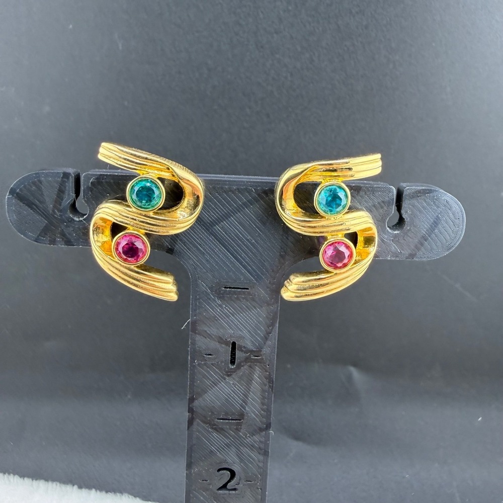 Vintage Swarovski Pierced Earrings Gold Tone Pink Blue S-Curve Signed